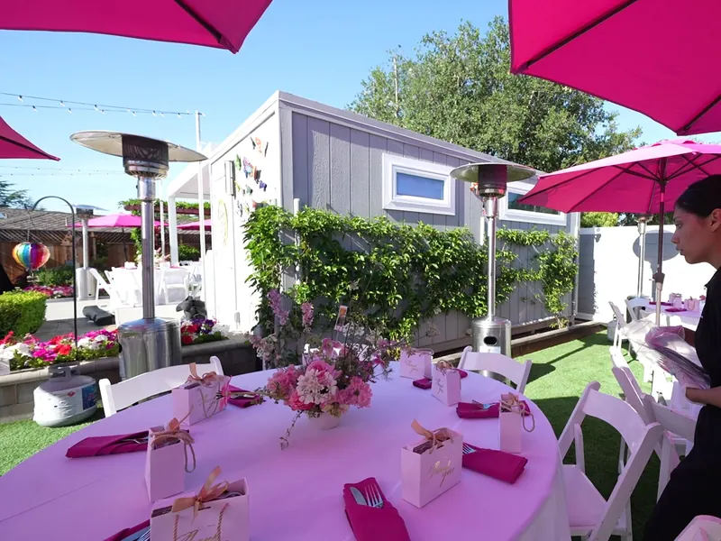 Tablescape with pink linens and florals for a Los Gatos celebration
