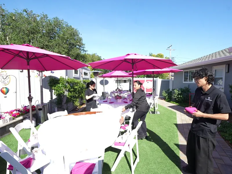 Staffed garden buffet keeping the line moving at a Cupertino party