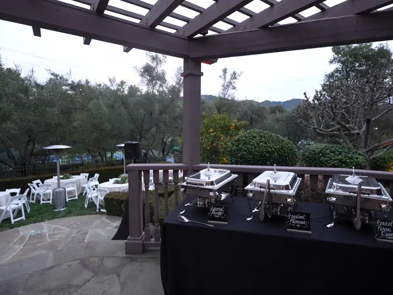 Chafer line set on a terrace for a Campbell dinner buffet