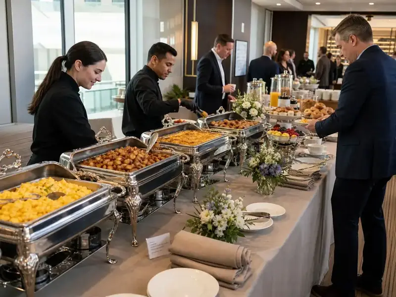San Jose Catering Company attendants overseeing hot breakfast service for employees and guests at a business event.