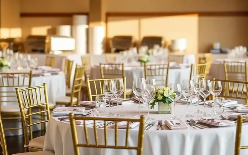 San Jose banquet hall prepared with gold chairs, formal place settings, small floral centerpieces, and round guest tables.