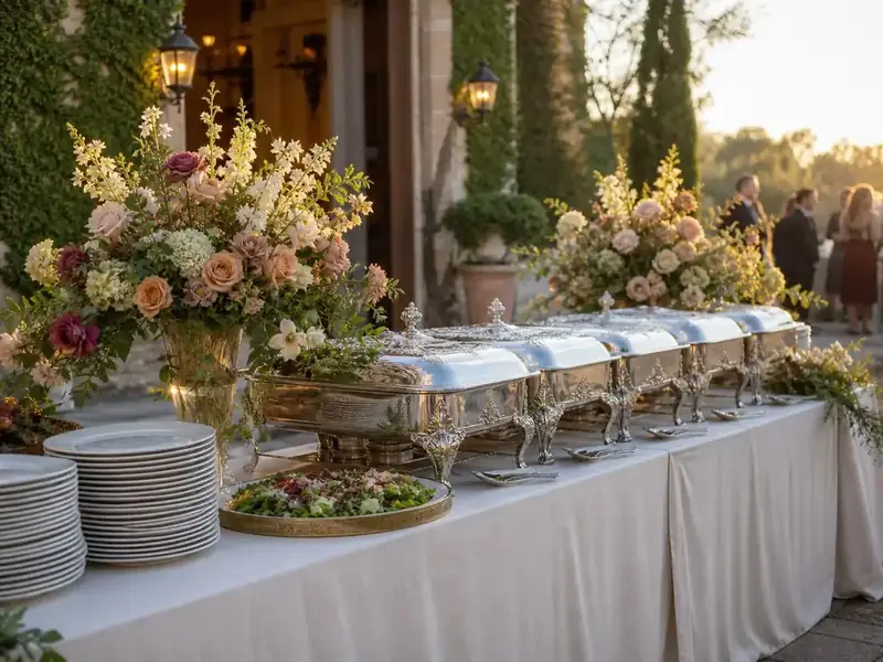 San Jose event catering display featuring warm sunset light, abundant centerpieces, covered entrées, and formal dinnerware.