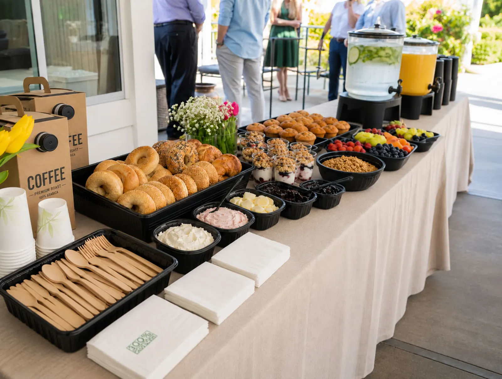 Drop-Off Continental Breakfast by San Jose Catering Company Drop-off continental breakfast display with bagels, muffins, yogurt parfaits with granola, fresh fruit and berries, coffee, iced water, and orange juice on a linen-draped outdoor buffet by San Jose Catering Company