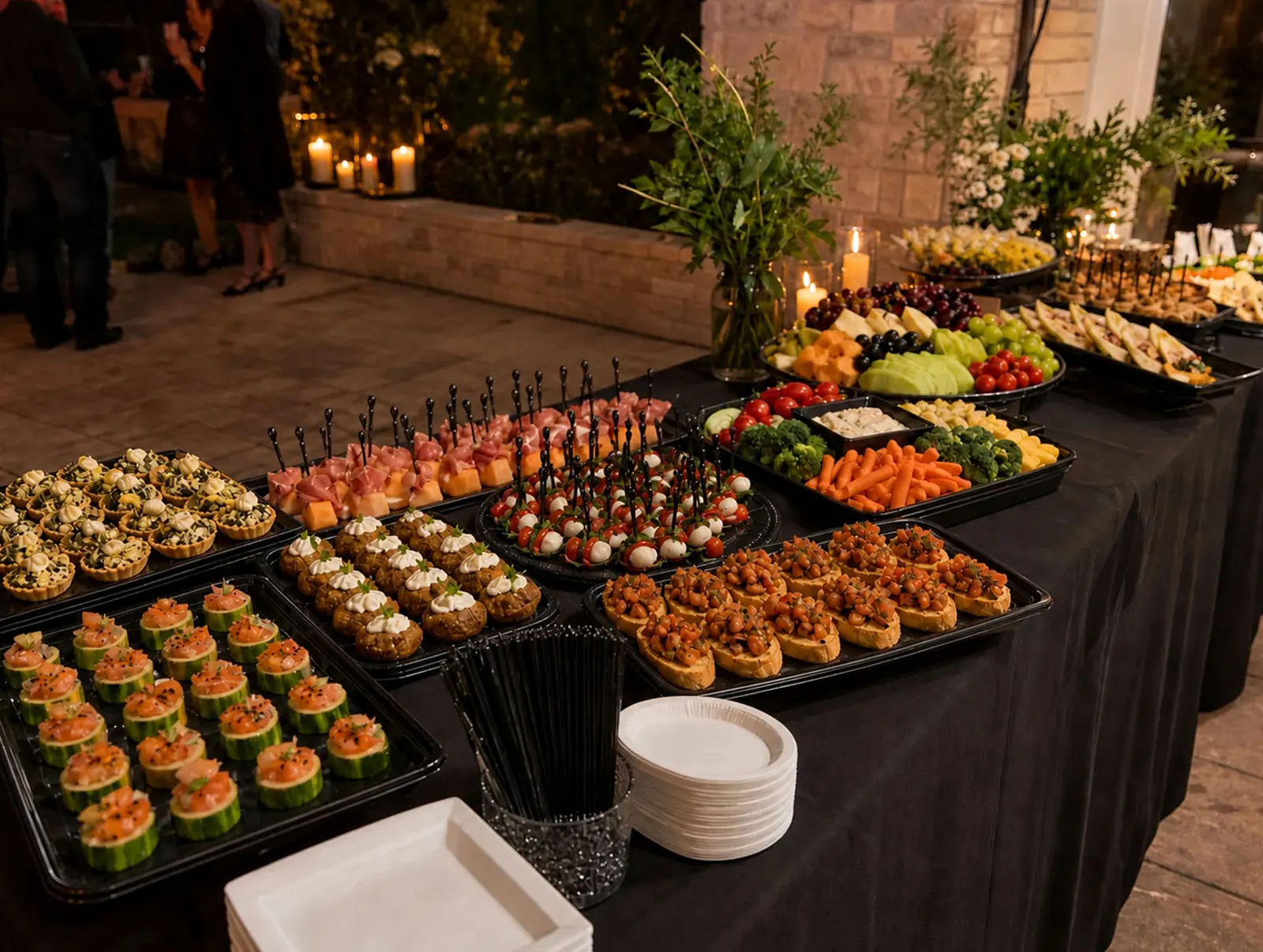 Drop-Off Appetizer Station Elegant evening drop-off appetizer station with caprese skewers, prosciutto and melon, bruschetta, stuffed mushrooms, smoked salmon cucumber cups, artichoke tartlets, crudité, fresh fruit and cheese trays, and candlelit florals by San Jose Catering Company
