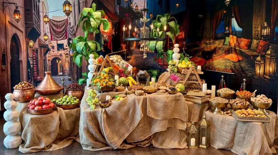 Jewel-toned grazing display of dates, figs, nuts and honeyed sweets layered with rich linens and floral accents — themed floral styling in San Jose