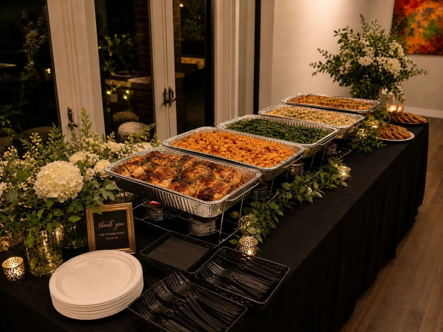 Drop-off dinner trays with hot entrees, sides, and salad delivered to a San Jose office by San Jose Catering Company