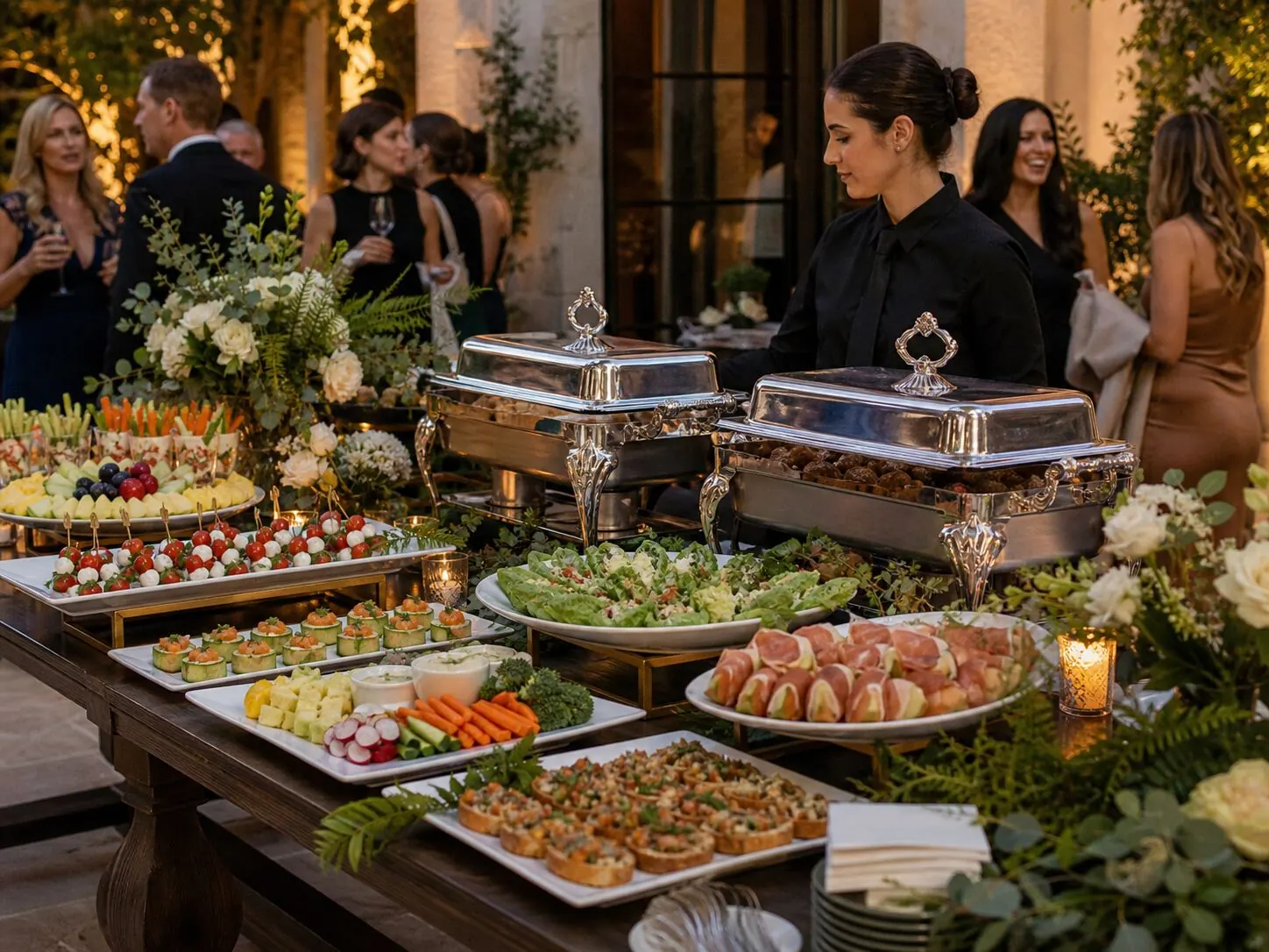 Attended appetizer station with caprese skewers, bruschetta, and crudite at an outdoor San Jose reception by San Jose Catering Company