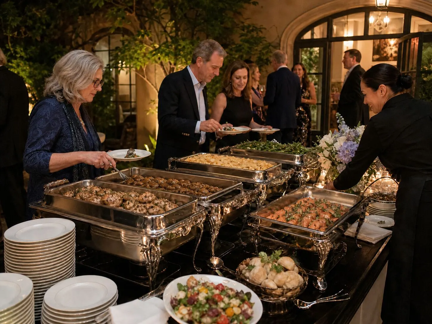 Courtyard dinner buffet at dusk lit by candles while attendants tend silver chafers behind the line — full-service dinner catering in Saratoga and the South Bay