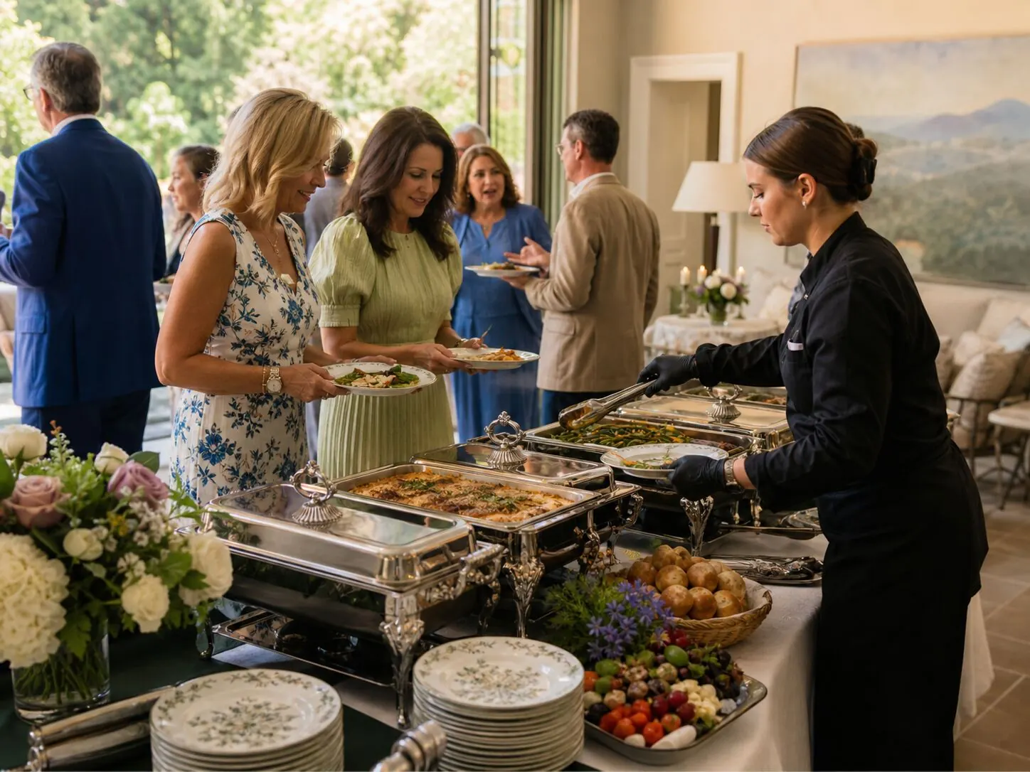 Server portioning entrées from silver chafers for guests inside a sunlit venue at midday — staffed lunch buffets for San Jose catering and Cupertino offsites