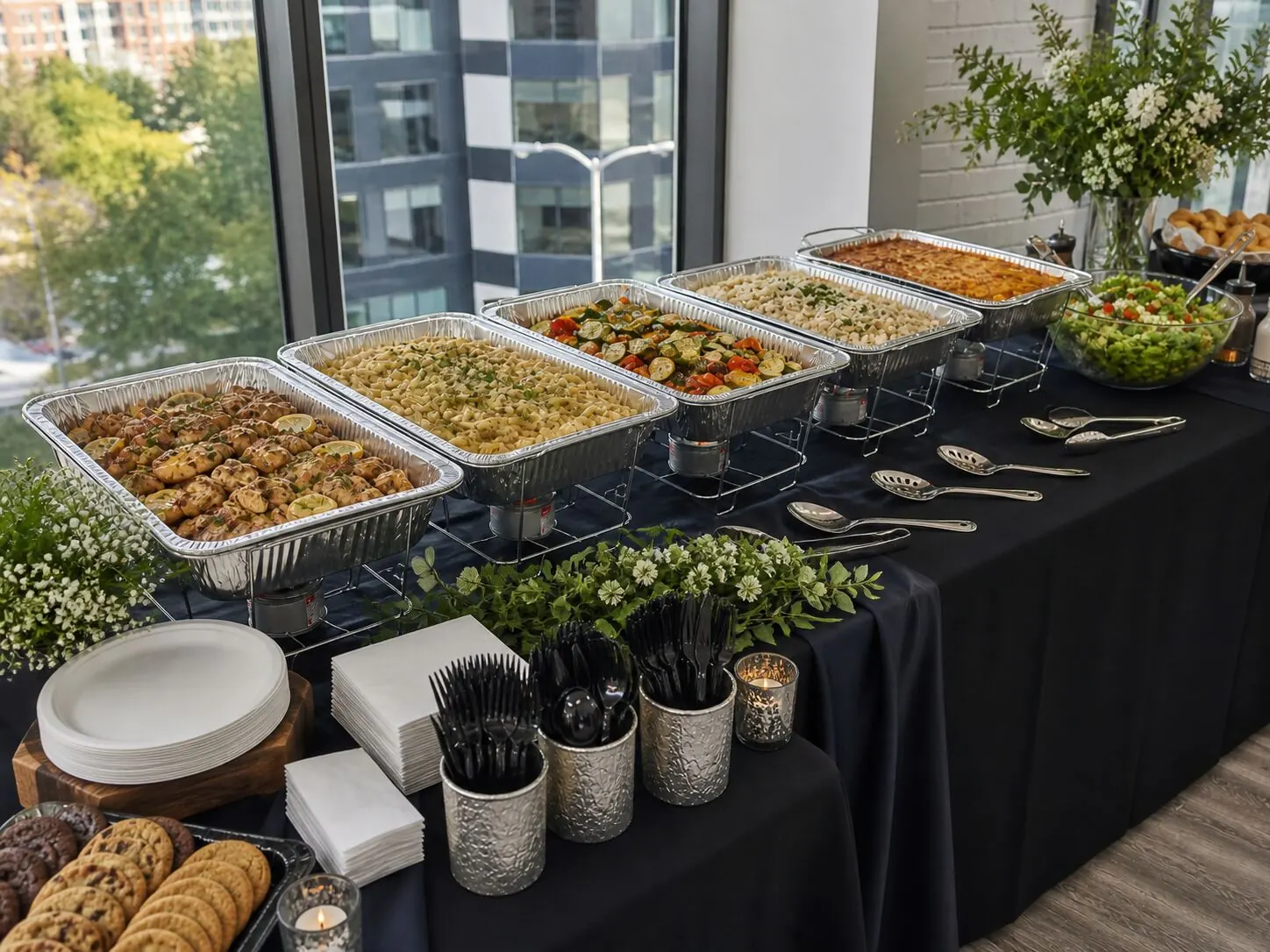 Midday buffet held hot in chafing dishes with baked pasta, roasted vegetables, herbed potatoes, a garden salad and cookie trays — hot lunch delivery from our Sunnyvale catering route