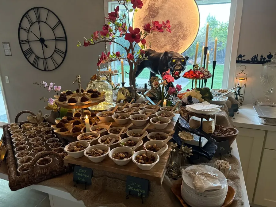Mediterranean mezze appetizer spread with hummus, skewers, and fresh pita styled for a San Jose cocktail reception by San Jose Catering Company