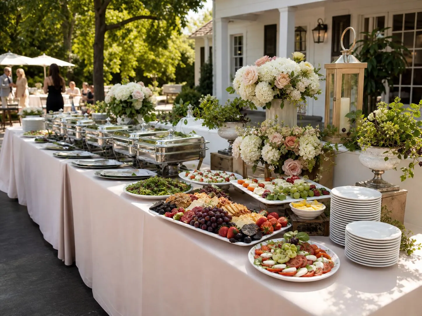 Garden buffet where floral arrangements sit shoulder to shoulder with chafers, cheese boards and cut fruit — open-air florals from Saratoga catering